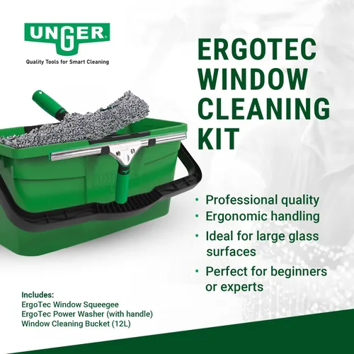 Vista 2 de Unger AK013 - Kit de limpieza de ventanas, juego de inicio 3 en 1 con escobilla de ventana, arandela de microfibra con mango de barra en T y cubo