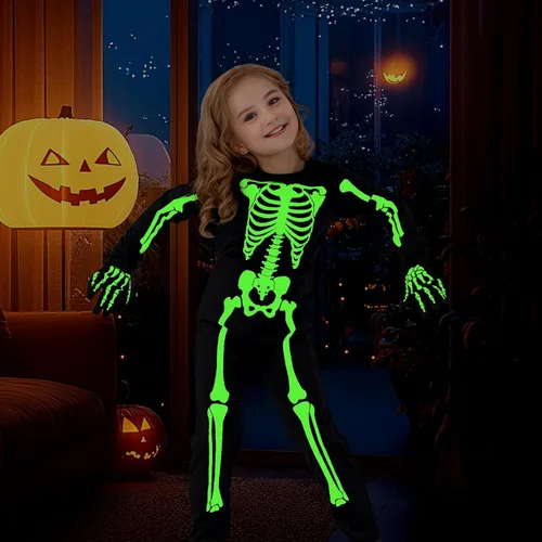 Vista 5 de Disfraces de esqueleto para niños que brillan en la oscuridad, disfraz de fiesta de Halloween con guantes para niñas y niños