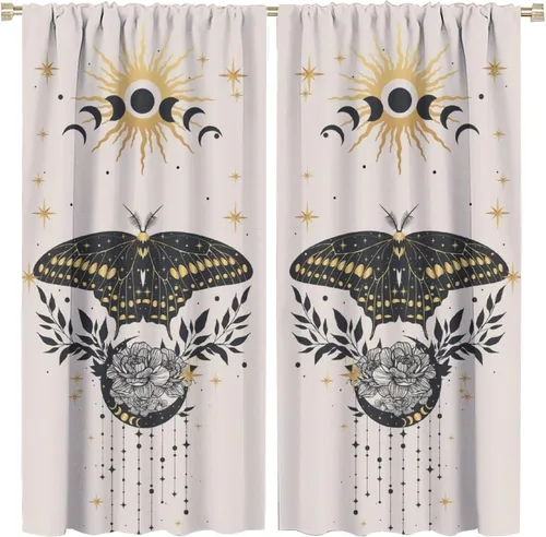 Vista 38 de Cortinas de mariposa de fantasía, polilla, sol, luna, estrella, arte floral, estampado floral, bolsillo para barra, cortinas opacas para ventana