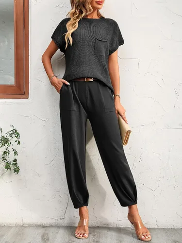 Vista 7 de Conjunto de dos piezas para mujer, suéter de punto y pantalones de cintura alta