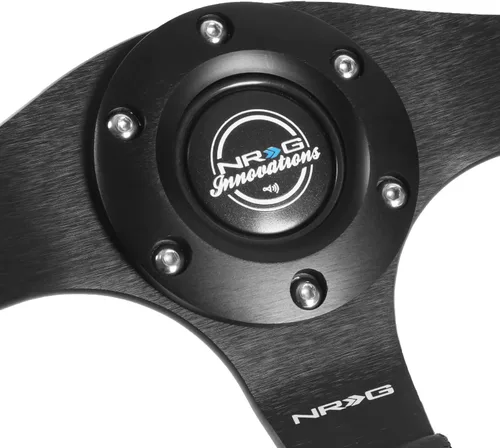 Vista 2 de NRG Innovations NRG-RST-024MB-R-Y Volante Reforzado - 12.598 in Deportivo Parte Inferior Plana de Cuero con Marca Central Amarilla
