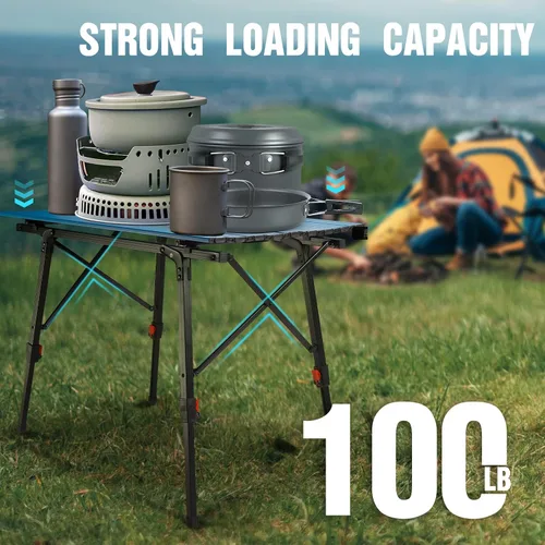 Vista 6 de Mesa de camping portátil VILLEY con patas ajustables, mesa de playa ligera de aluminio plegable con bolsa de transporte para cocinar al aire libre