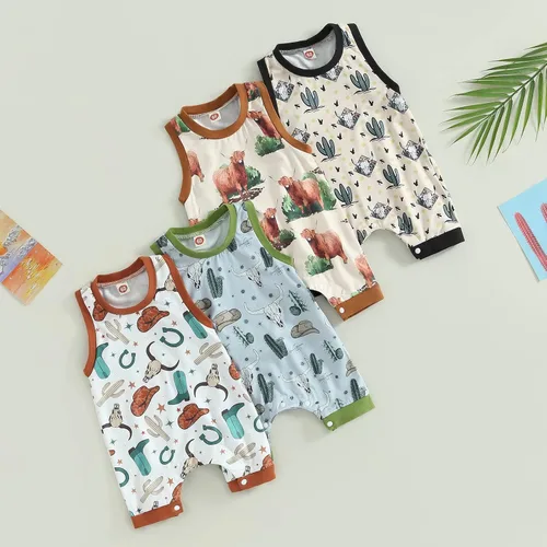 Vista 6 de Omkzanbi Ropa de verano para bebé del oeste, ropa de verano retro con estampado de vaca, mameluco sin mangas, lindo mono de vaquero de campo de 0-18