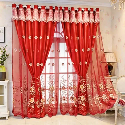 Vista 17 de Amidoudou 1 par de cortinas europeas de doble capa para sala de estar, dormitorio, cortinas bordadas de flores de lujo con cenefa