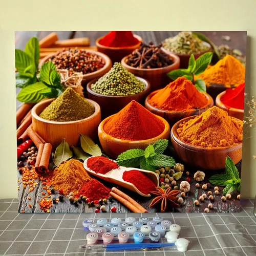 Vista 13 de Variedad de especias y hierbas, kits de pintura por números con pinceles, condimentos de cocina, pintura al óleo acrílica para adultos y niños