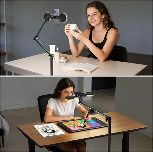 Vista 5 de Soporte de teléfono superior con luz, soporte para teléfono celular para grabación de video, inclinación giratoria de 360 grados, trípode