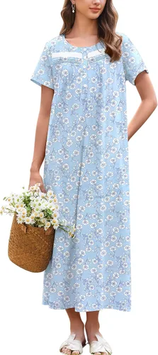 Vista 16 de Ekouaer Camisón para Mujeres de Algodón Camisón Largo de Noche Camisón de Manga Corta con Bolsillos Camisón con Botones Ropa de Dormir Suave