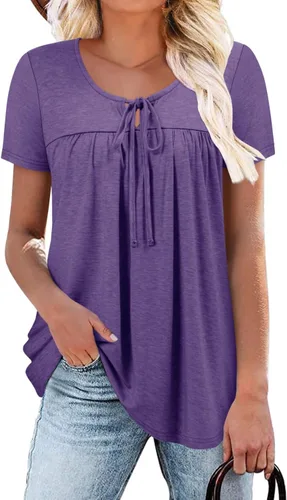 Vista 32 de BETTE BOUTIK Blusas de verano para mujer, plisadas, de manga corta, con cordón, cuello redondo, tallas S-3XL