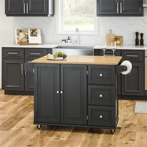 Vista 2 de Hawthorne Collections Carrito de cocina de madera tradicional en negro