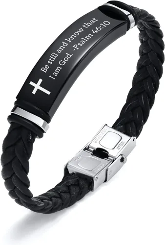Vista 16 de Pulsera de cuero para hombre, regalo de sobriedad para hombre: cita inspiradora/versículo bíblico grabado, pulsera trenzada negra para hombre