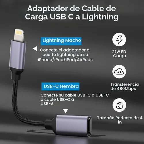 Vista 2 de TechMatte - Adaptador de cable USB C a Lightning macho, carga rápida PD de 27 W