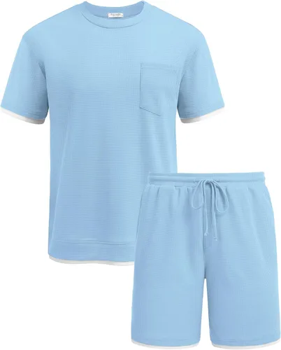 Vista 82 de COOFANDY Conjunto de camisa y pantalones cortos de gofre para hombre, conjunto de 2 piezas, conjunto casual de verano con bolsillos