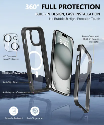 Vista 6 de Funda para iPhone 15 de cuerpo completo, protector de pantalla integrado, con protector de lente de cámara, [antiamarilleamiento], funda protectora