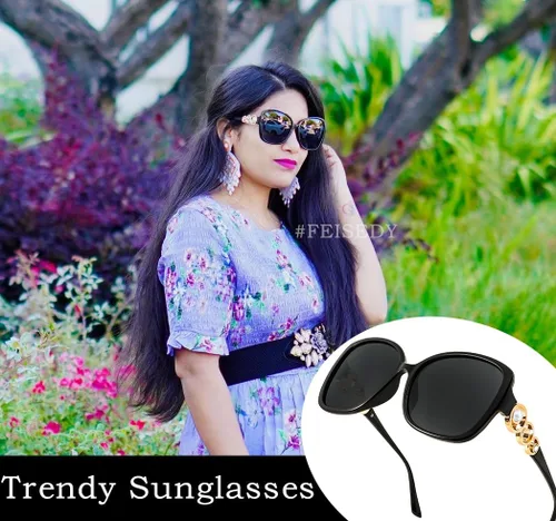 Vista 3 de FEISEDY Gafas de sol de moda para mujer, marco cuadrado de gran tamaño con perlas brillantes, protección UV polarizada B2821