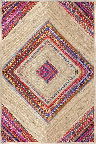 Vista 10 de Collection - Alfombra rectangular de 2 x 3 pies, alfombra trenzada azul de algodón y yute, alfombra geométrica kilim para interiores y exteriores