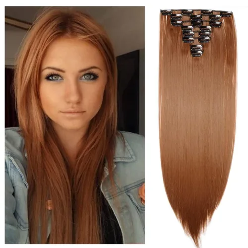 Vista 20 de S-noilite 8 piezas de extensiones de cabello largo con clip para mujer, extensiones de cabello sintético de doble trama, 18 pulgadas, #12H24 Honey