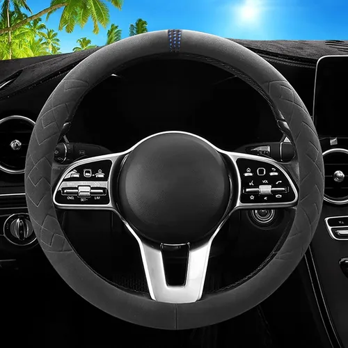 Vista 24 de Funda de cuero para volante de automóvil, material Panapi, universal de 14.5-15 pulgadas, antideslizante, transpirable, fundas para volante