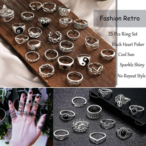Vista 3 de 17IF Juego de anillos grunge góticos de plata vintage para mujeres, hombres y niñas, gruesos, góticos, punk, apilables, ajustables, abiertos
