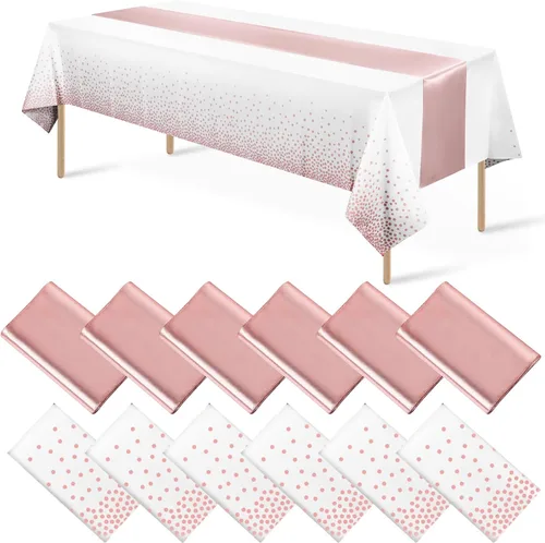 Vista 17 de 8 paquetes de manteles de plástico desechables y juego de camino de mesa de satén negro con dorado, mantel de satén dorado para graduación, boda