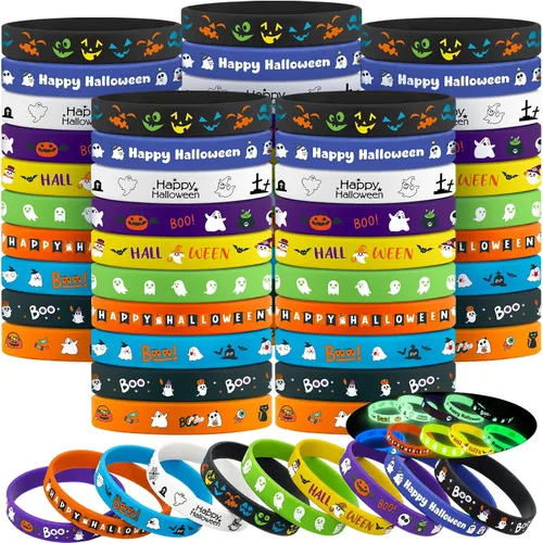 Vista 7 de Hiboom 100 Pcs Halloween Rubber Bracelets Bulk Halloween Party Favor Trick or Treat Goodie Bag Stuffer Filler Rubber Silicone Wristband Gift for