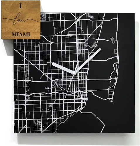 Vista 35 de Modern Wall Clock - Black Aluminum with Silver Fiber Laser Engraving - Square - Contemporary Design - Personalized City Map - Home Town - Location