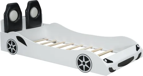 Vista 5 de Twin Size Race Car-Shaped Platform Bed with Upholstered Backrest, Wooden Platform Bed with Sturdy Slat Support for Kids Teens Boys Girls Bedroom