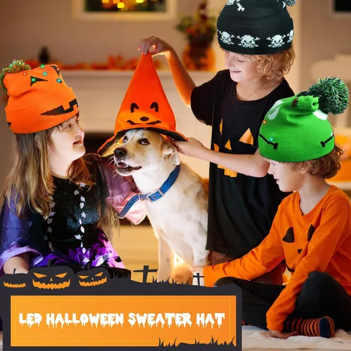 Vista 4 de 6 gorros de Halloween iluminados, sombreros LED de Halloween para hombres y mujeres, lindos gorros de calavera, sombreros de punto de calabaza