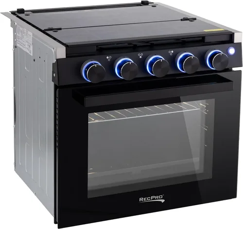 Vista 7 de Estufa RecPro RV de acabado negro Estufa de gas de 21" de altura Tres quemadores de 6500 y 8000 BTU Horno de 7100 BTU con capacidad de 1.8