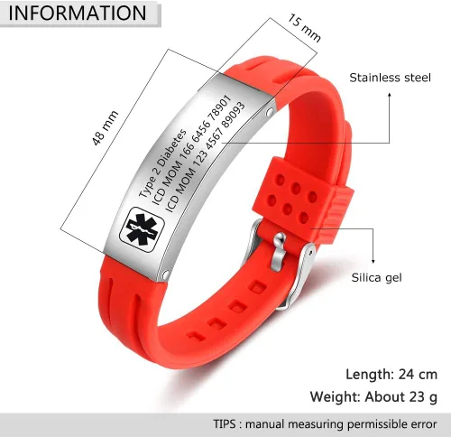 Vista 46 de OPALSTOCK Pulseras médicas personalizadas de silicona ajustable para identificación de emergencias, grabado gratuito, 9 pulgadas, resistente al