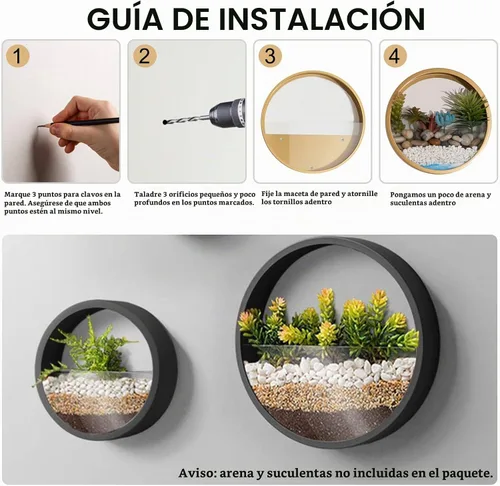 Vista 5 de Juego de 3 macetas de pared, modernas macetas redondas de vidrio para suculentas, maceta circular colgante de hierro para hierbas, cactus pequeño