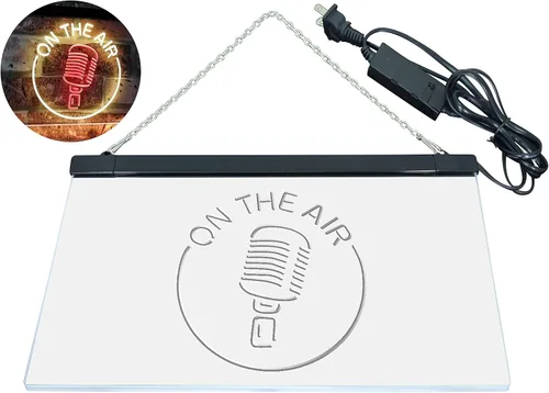 Vista 16 de ADVPRO - cartel de neón para estudio de grabación, LED, con micrófono y rótulo «On the air» azul y Red
