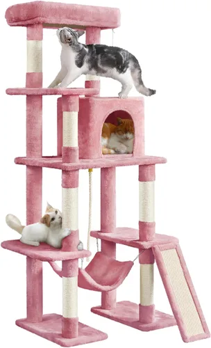 Vista 14 de Yaheetech - Torre de árbol para gatos grandes, condominio de varios niveles y hamaca de 54 pulgadas Beige