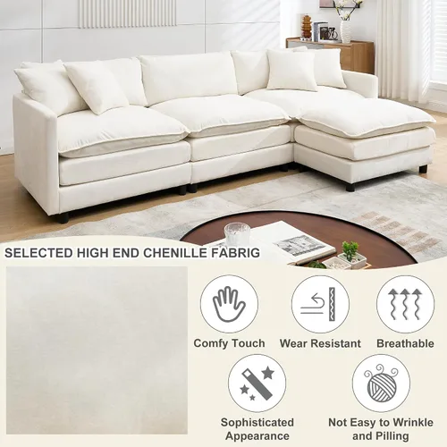 Vista 6 de Sofá modular modular de pana de 108.27 pulgadas, moderno juego de sofá para sala de estar con 3 asientos, 1 otomana y 3 almohadas, cómodos sofás