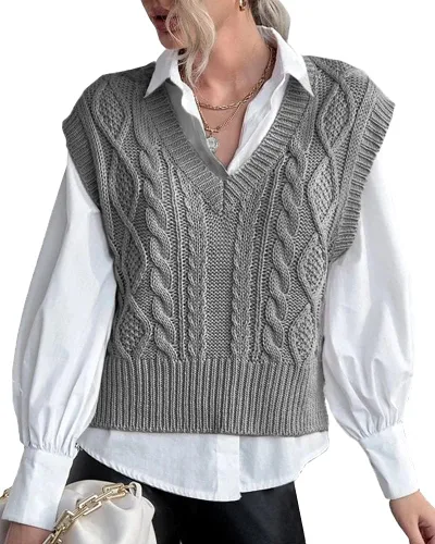 Vista 14 de Chaleco de suéter para mujer Lueluye V cuello sin mangas de punto sólido casual acanalado estilo preppy Beige