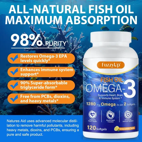 Vista 3 de Aceite de pescado Omega 3, suplemento Omega 3 de aceite de pescado para mujeres y hombres, 1280 mg por porción de alto EPA y DHA que apoya la salud