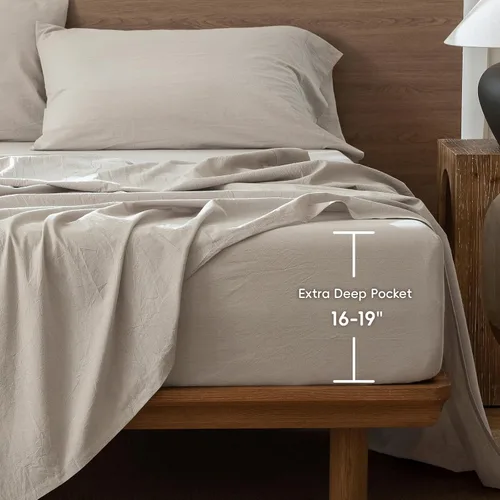 Vista 3 de MooMee Sábana bajera ajustable de solo 100% algodón lavado con textura parecida al lino, transpirable, duradera, suave, cómoda, bolsillo profundo