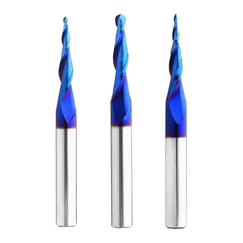 Vista 13 de Nariz esférica Cortador de fresado de extremo de 0.1 grados Fresas de enrutador CNC Herramienta de fresado en espiral con revestimiento nano azul