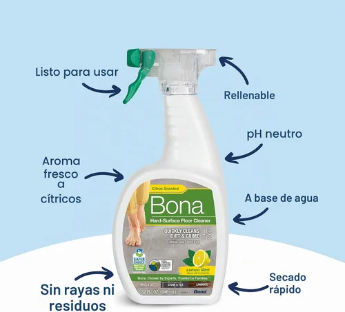 Vista 4 de Bona Spray limpiador de pisos multisuperficie, 32 onzas líquidas, aroma a menta y limón, recargable, solución de limpieza de suelos sin residuos