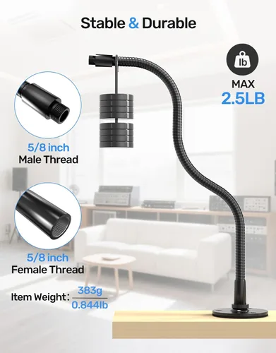 Vista 2 de Soporte universal de cuello de cisne de micrófono flexible de 19 pulgadas, hilos macho y hembra de 5/8 pulgadas, alta carga, construcción