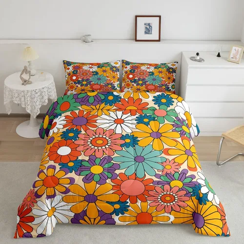 Vista 8 de Lindo juego de edredón de flores para niños y mujeres. Juego de ropa de cama de flores coloridas de dibujos animados, tamaño individual, bonito