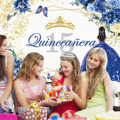 Vista 5 de Sendy SENDY - Telón de fondo de quinceañera para cumpleaños de quinceañera de 7 x 5 pies para fiesta de Dulce Girl Mis Quince Anos, color azul rey