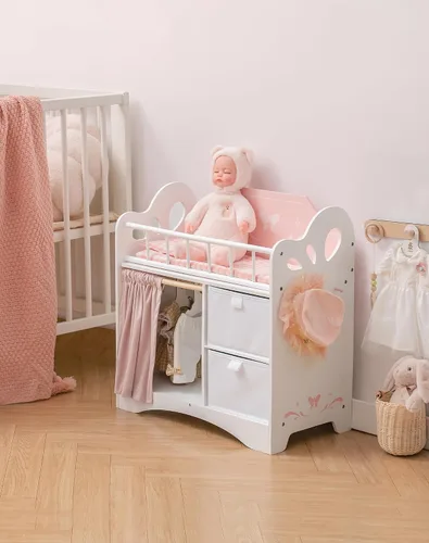 Vista 6 de ROBOTIME Cuna para muñeca, cama de madera para muñecas, cuna de juguete con almacenamiento, ropa de cama y ganchos de madera, cuna para muñecas