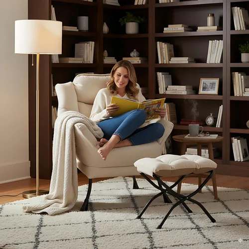 Vista 7 de LITA - Silla perezosa con otomana, sofá tapizado de ocio moderno de acento, silla de lectura contemporánea de salón con reposabrazos y bolsillo