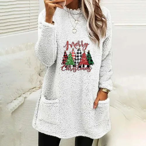 Vista 4 de Sudadera de sherpa para mujer, sudadera de Navidad con cuello redondo, sudadera gráfica de forro polar para invierno