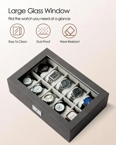 Vista 3 de GUKA Caja de 10 ranuras para reloj, vitrina organizadora de cristal real, con estuche de lujo para hombres y mujeres, regalo