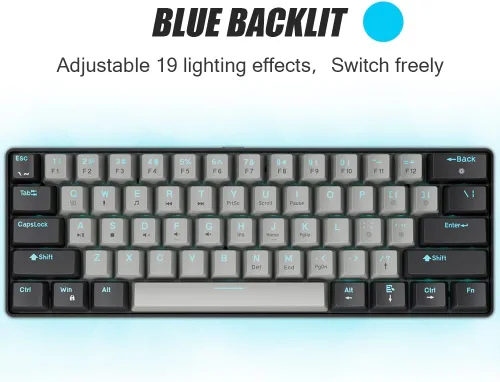 Vista 3 de abucow - Teclado mecánico 60% para juegos, interruptor azul, compacto con cable, anti-fantasma, sin conflictos, 61 teclas intercambiables, diseño