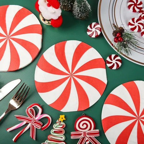 Vista 7 de Servilletas de papel de Navidad, 100 servilletas desechables de caramelo de menta redondas, piruletas de Navidad, decoración de vajilla, servilletas