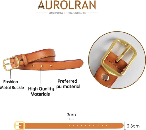 Vista 403 de Cinturón de cuero clásico con hebilla de metal para mujer con vestido de jeans