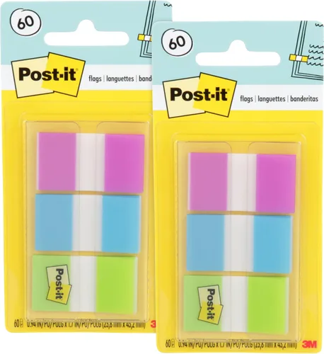 Vista 5 de Post-it Banderas, 0.94 pulgadas x 1.7 pulgadas, un dispensador con 20 pestañas adhesivas en morado, azul y verde (60 banderas en total), marcadores