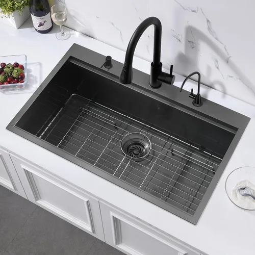 Vista 2 de Z0DB332210 - Fregadero de cocina con estación de trabajo de 33 x 22 x 10 pulgadas, calibre 16, acero inoxidable negro, montaje superior, con 3